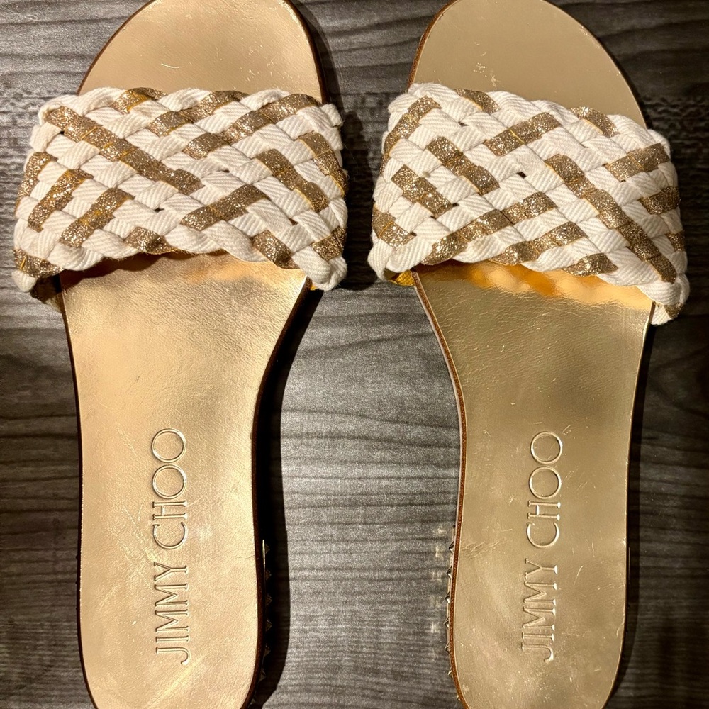 Jimmy Choo Gold and White Sandals with Braided Straps